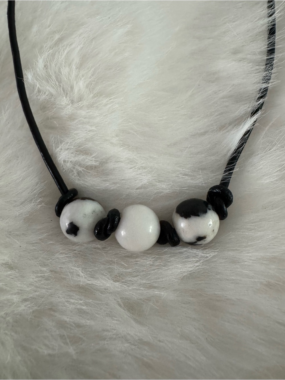 Black and White Beaded Leather Necklace-Adjustable